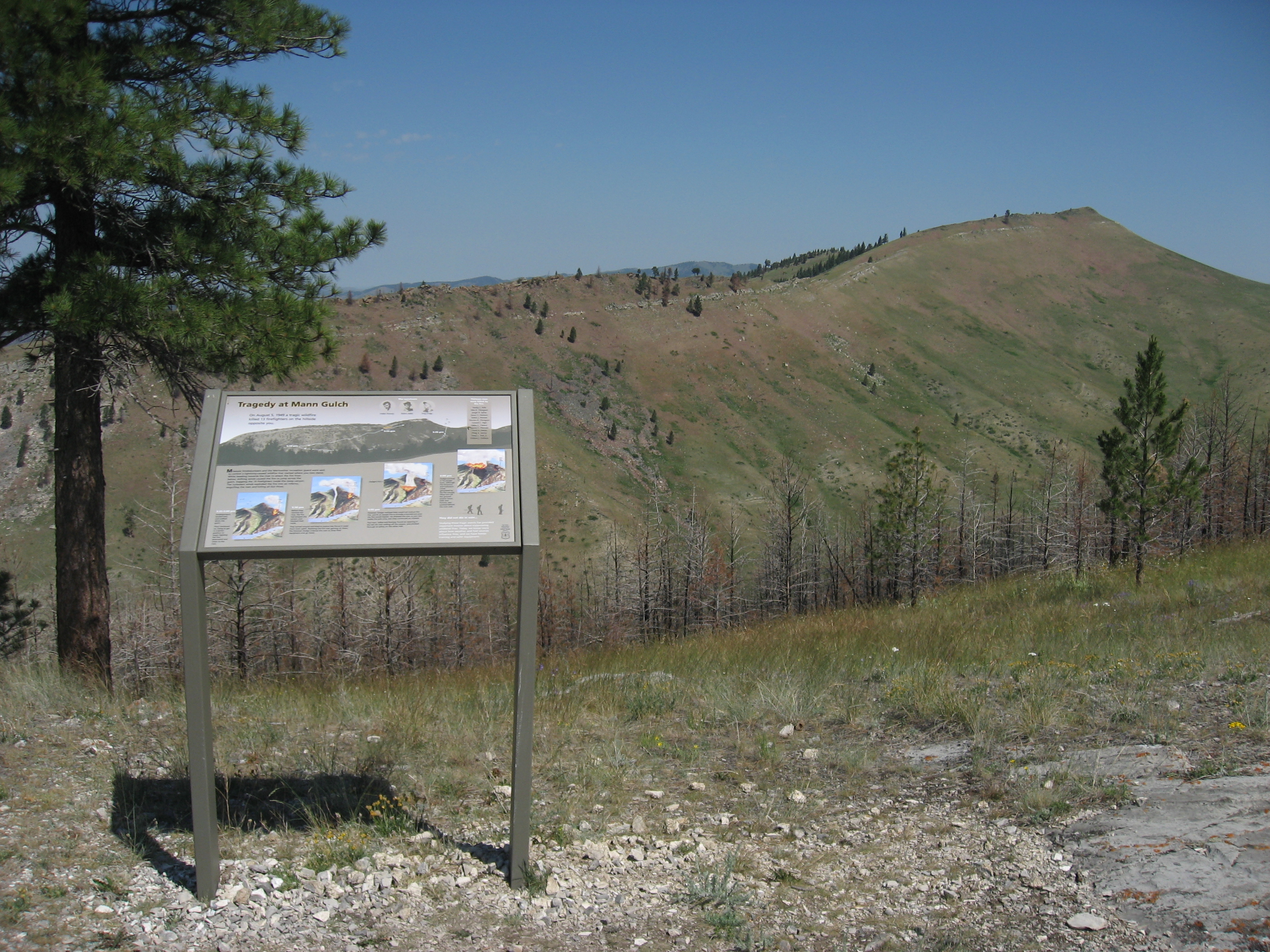 The view from the ridge opposite of where the smokejumpers were killed. Click on the photo to read the interpretive sign showing the timeline of events at Mann Gulch.