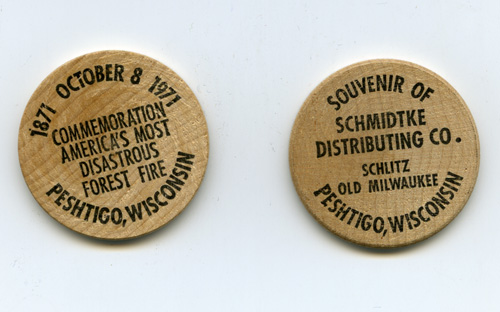 Peshtigo Fire commemorative wooden coins