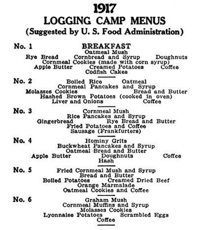 1917 Logging Camp Menu