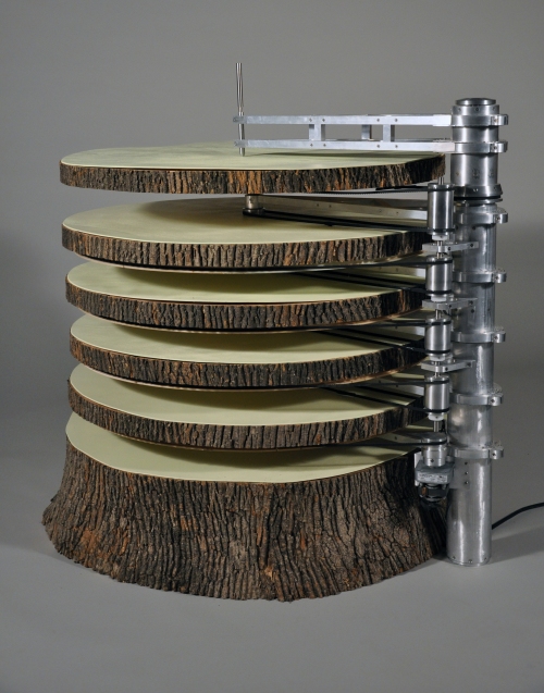 Nathan Hansen, United States | 131 Rings, 2013 | Aluminum, bark, motor | 42 x 42 x 42”