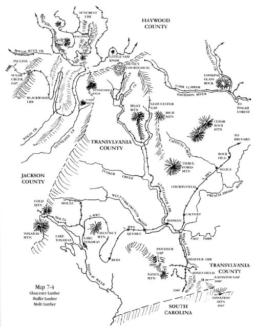 Map showing logging railroads in the early 20th century. From Thomas Fetters, Logging Railroads fo the Blue Ridge and Smoky Mountains: Volume 1, Cold Mountain, Black Mountain and White Top (2007)