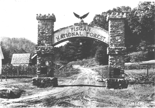 Normally the entrance to a national forest has a small sign with the Forest Service shield on it. This entrance to the Pisgah National Forest was a memorial arch constructed to honor the memory of the men of Transylvania County, North Carolina, killed in World War I. (U.S. Forest Service photo -- negative number 185843) 